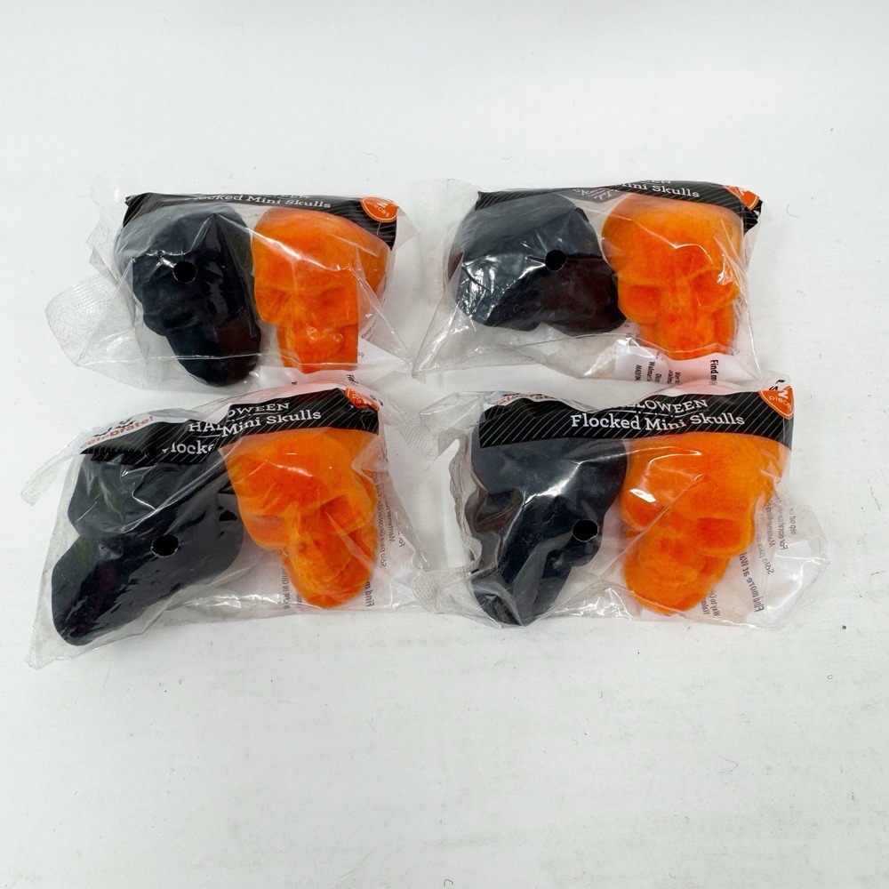 Halloween Flocked Mini Skull Orange Black 4 Packs‎ New Celebrate Walmart Decor